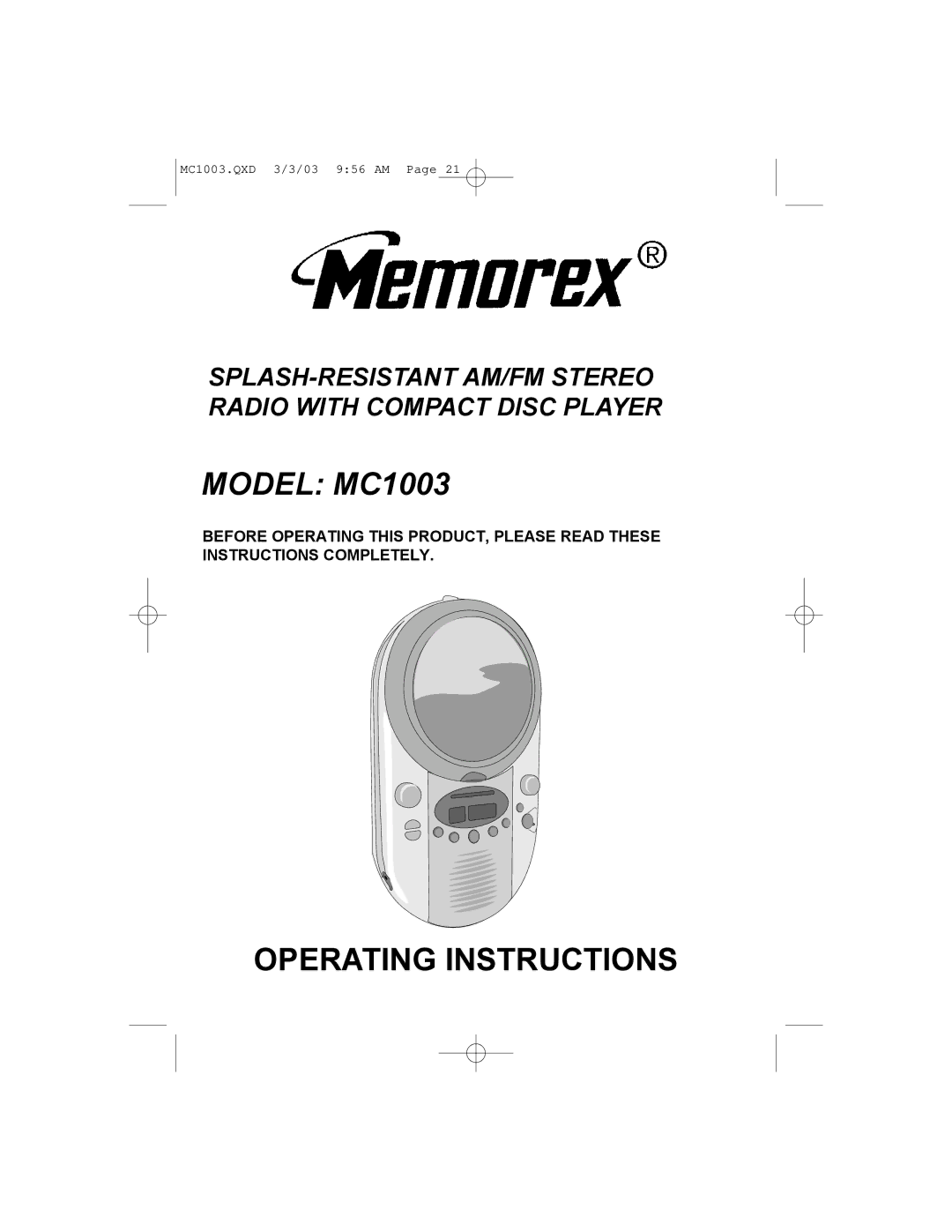 Memorex operating instructions Model MC1003 