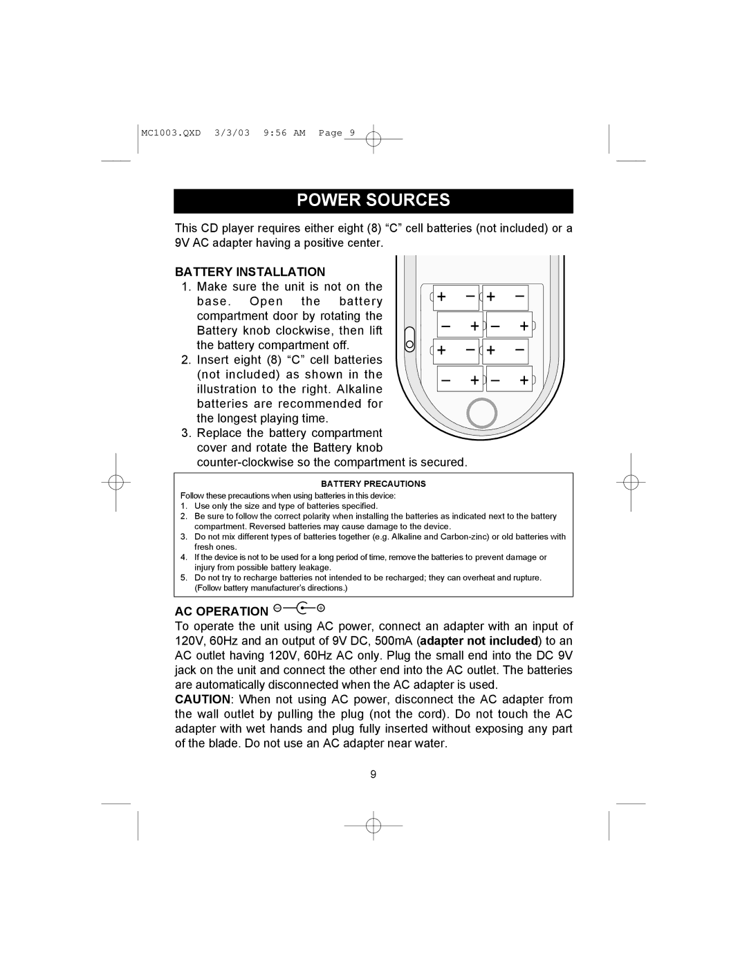 Memorex MC1003 operating instructions Power Sources, Battery Installation, AC Operation 