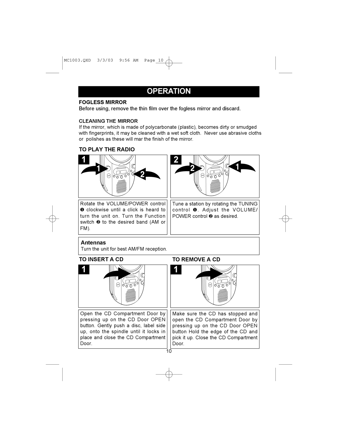 Memorex MC1003 operating instructions Operation, Fogless Mirror, To Play the Radio, To Insert a CD To Remove a CD 