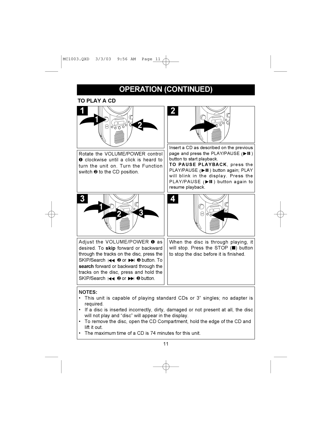 Memorex MC1003 operating instructions To Play a CD 