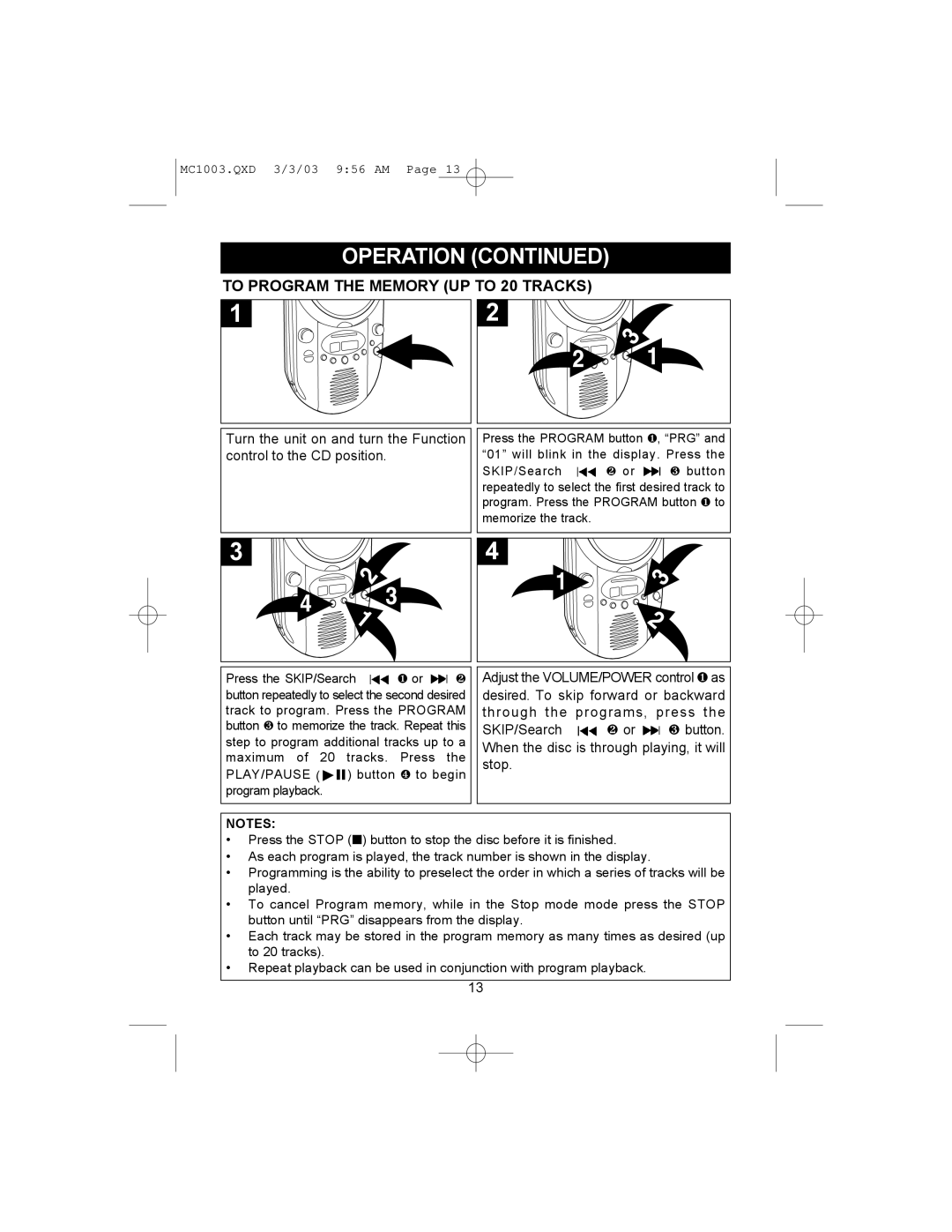 Memorex MC1003 operating instructions To Program the Memory UP to 20 Tracks 