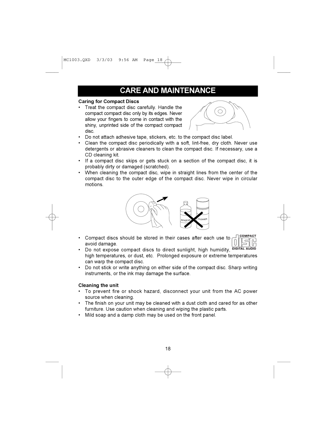 Memorex MC1003 operating instructions Care and Maintenance, Caring for Compact Discs 