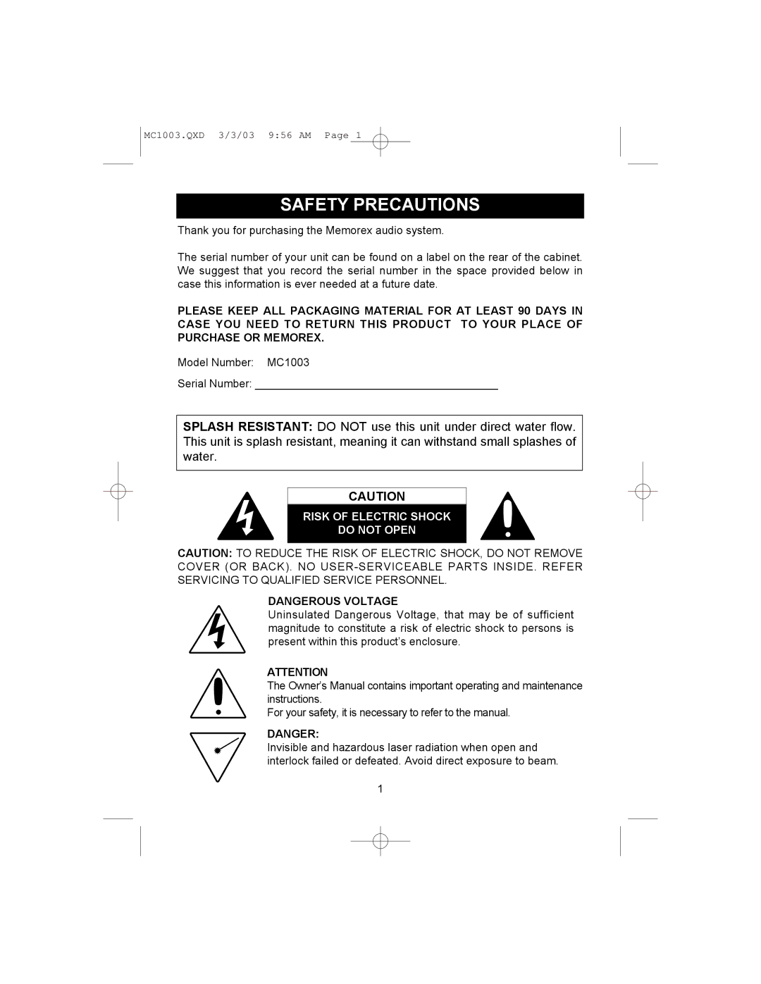 Memorex MC1003 operating instructions Safety Precautions, Risk of Electric Shock Do not Open 