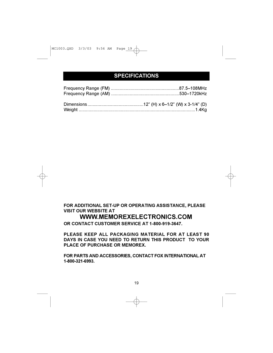 Memorex MC1003 operating instructions Specifications 