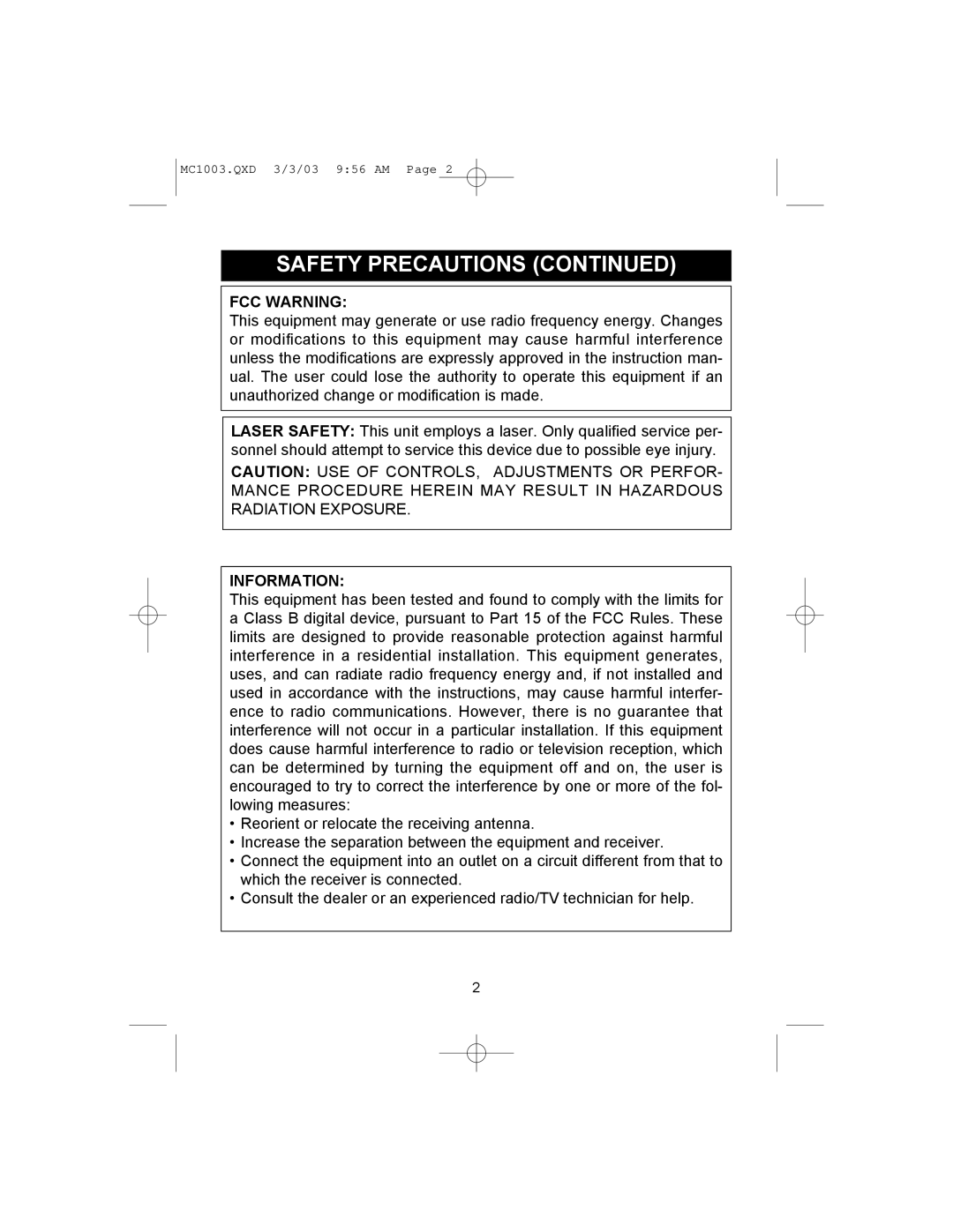 Memorex MC1003 operating instructions FCC Warning, Information 