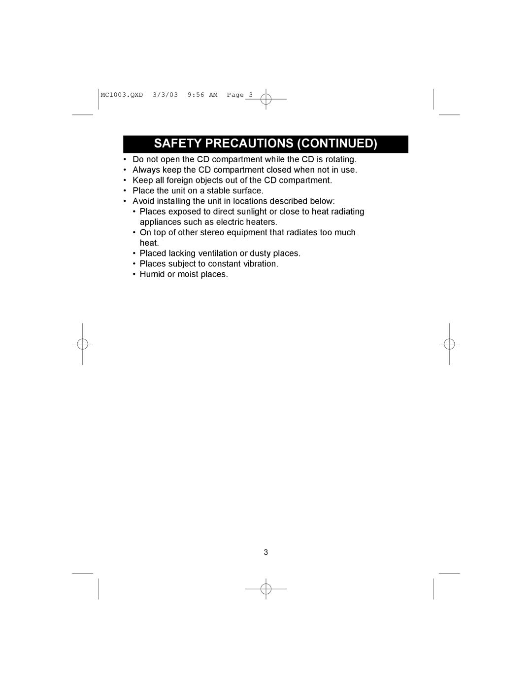 Memorex MC1003 operating instructions Safety Precautions 