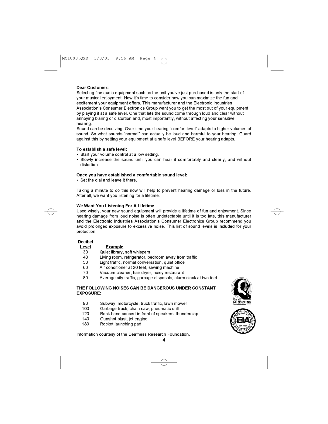 Memorex MC1003 operating instructions Eia S 