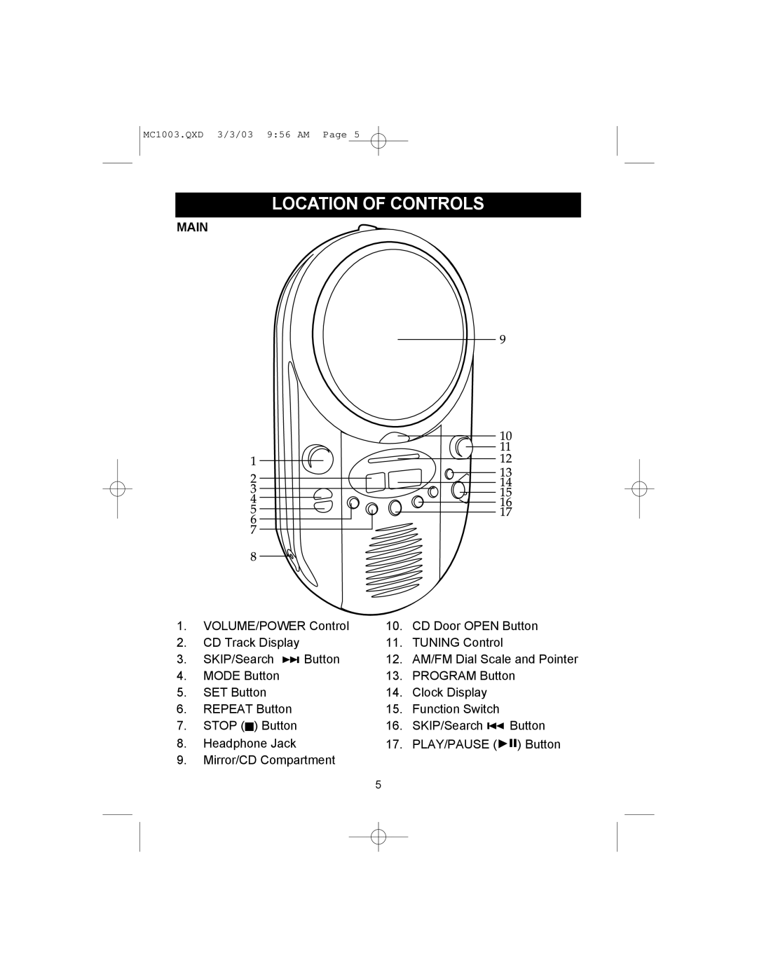 Memorex MC1003 operating instructions Location of Controls, Main 