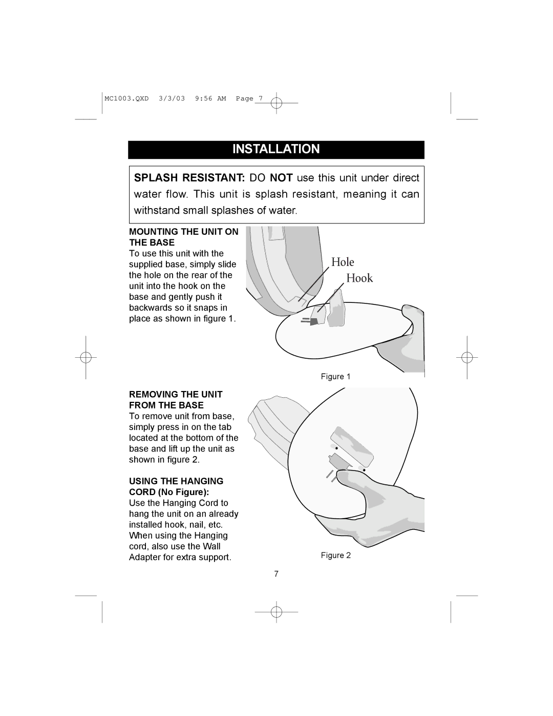 Memorex MC1003 Installation, Mounting the Unit on the Base, Removing the Unit From the Base, Using the Hanging 