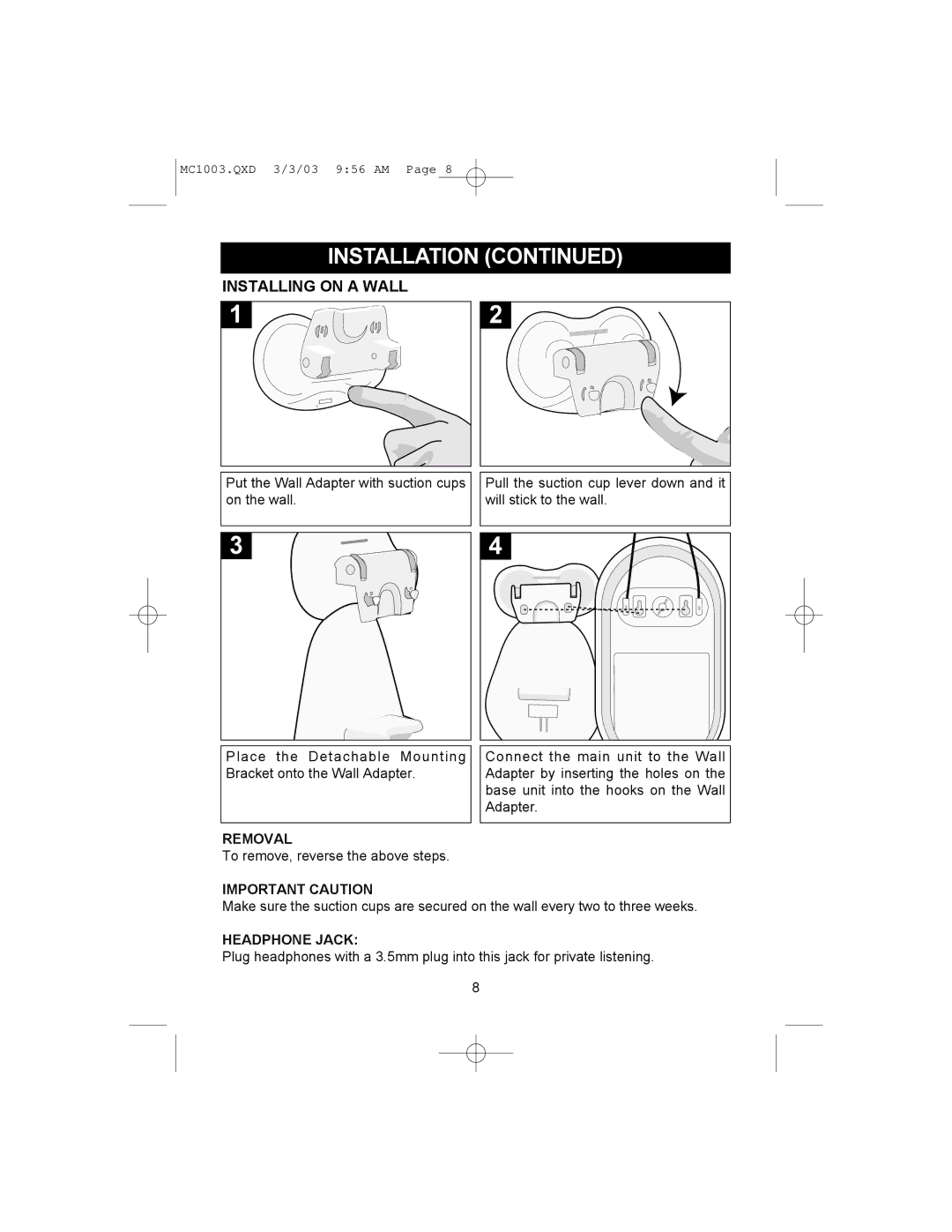 Memorex MC1003 operating instructions Installing on a Wall, Removal 