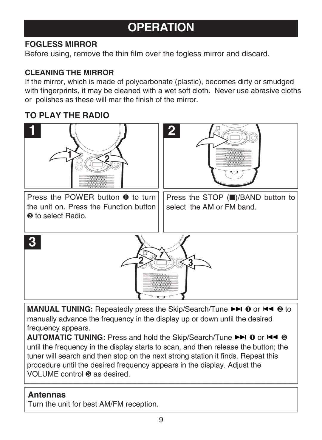 Memorex MC1009 manual Operation, Fogless Mirror, To Play the Radio 