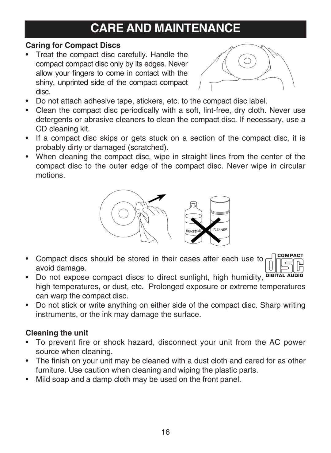 Memorex MC1009 manual Care and Maintenance, Caring for Compact Discs 