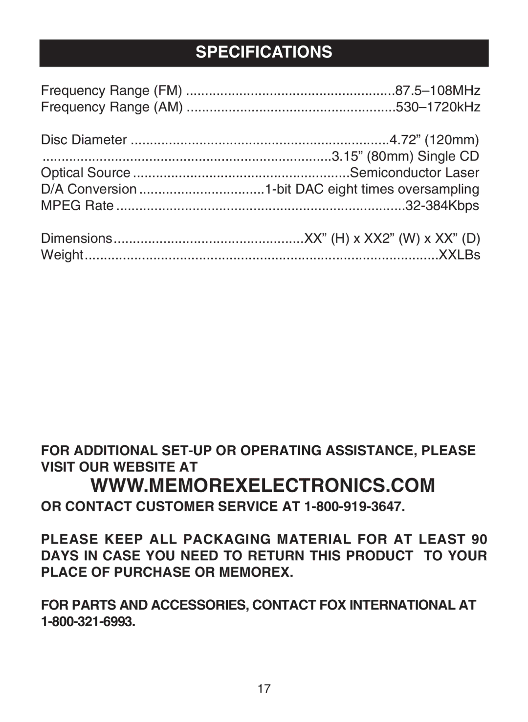 Memorex MC1009 manual Specifications 