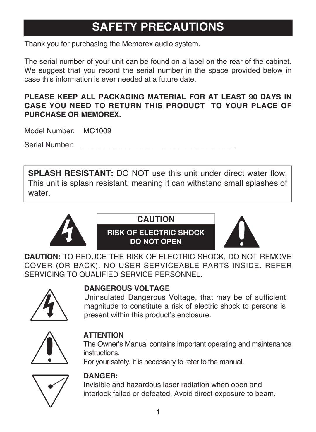 Memorex MC1009 manual Safety Precautions, Risk of Electric Shock Do not Open 