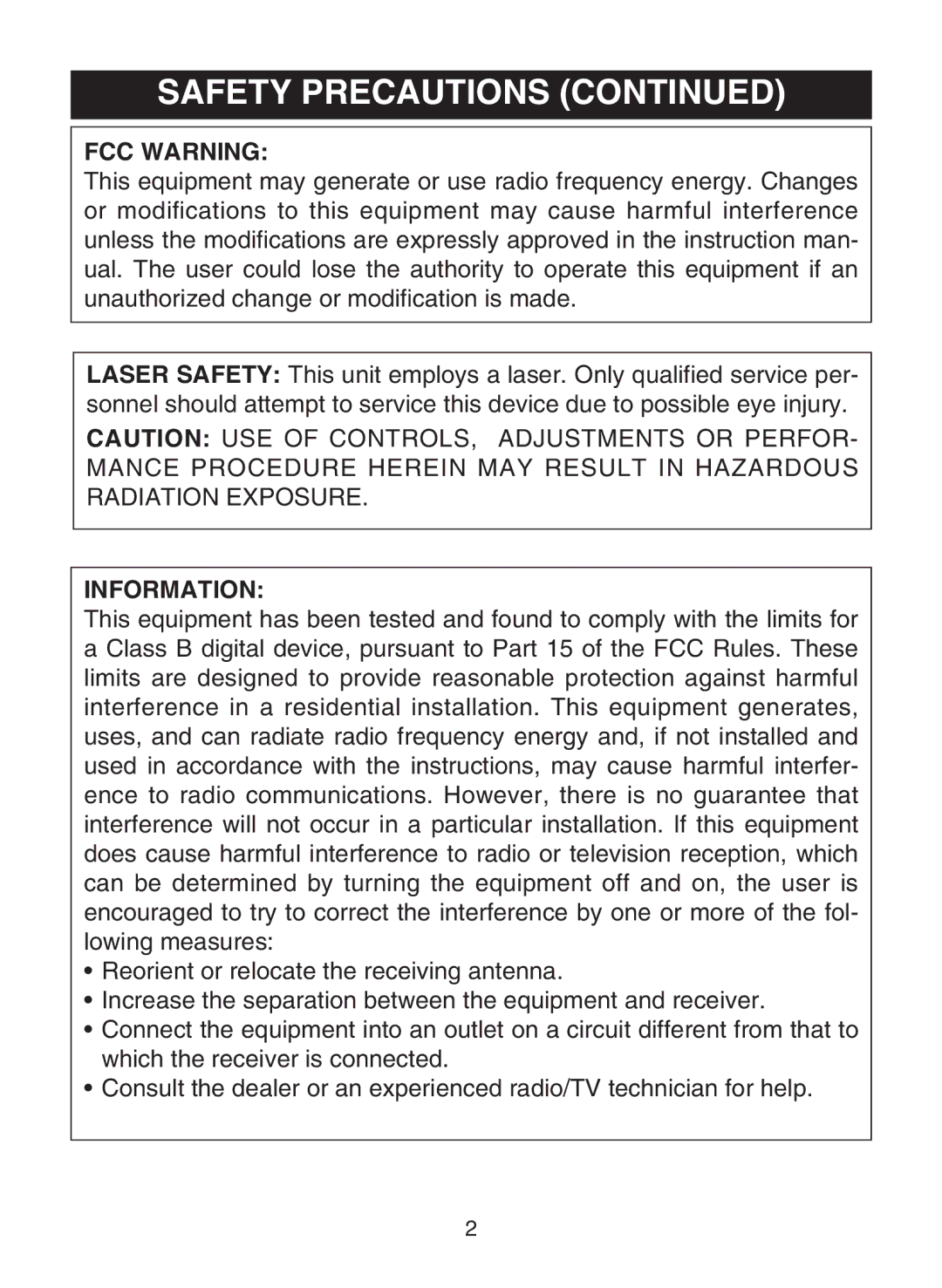 Memorex MC1009 manual FCC Warning, Information 