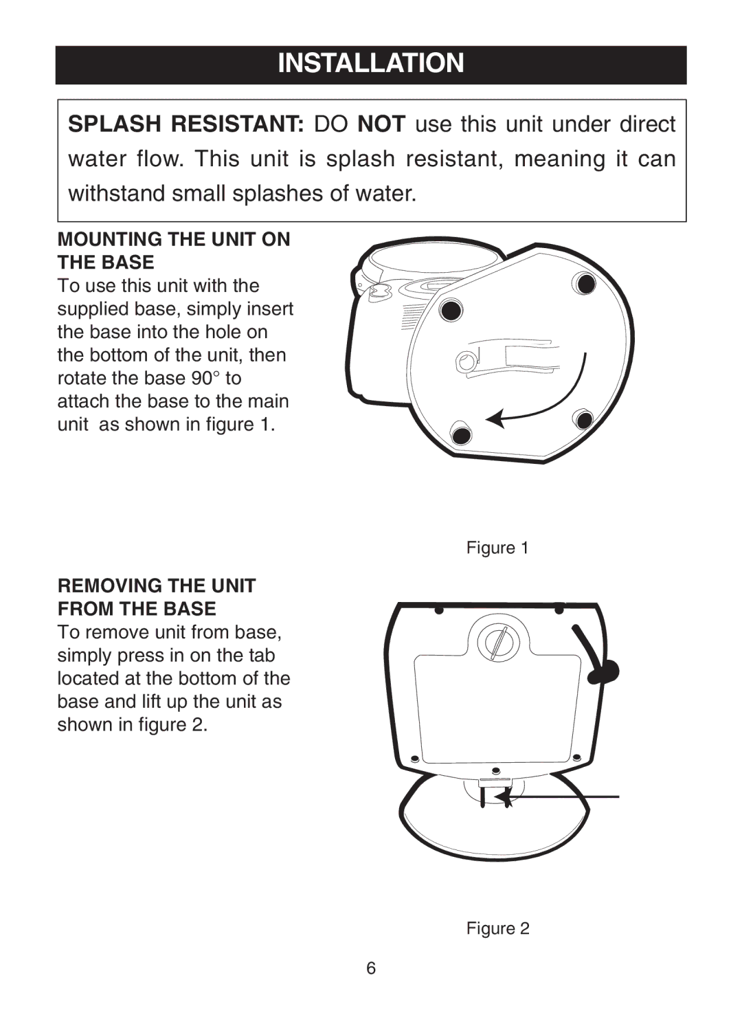 Memorex MC1009 manual Installation, Mounting the Unit on Base, Removing the Unit From the Base 