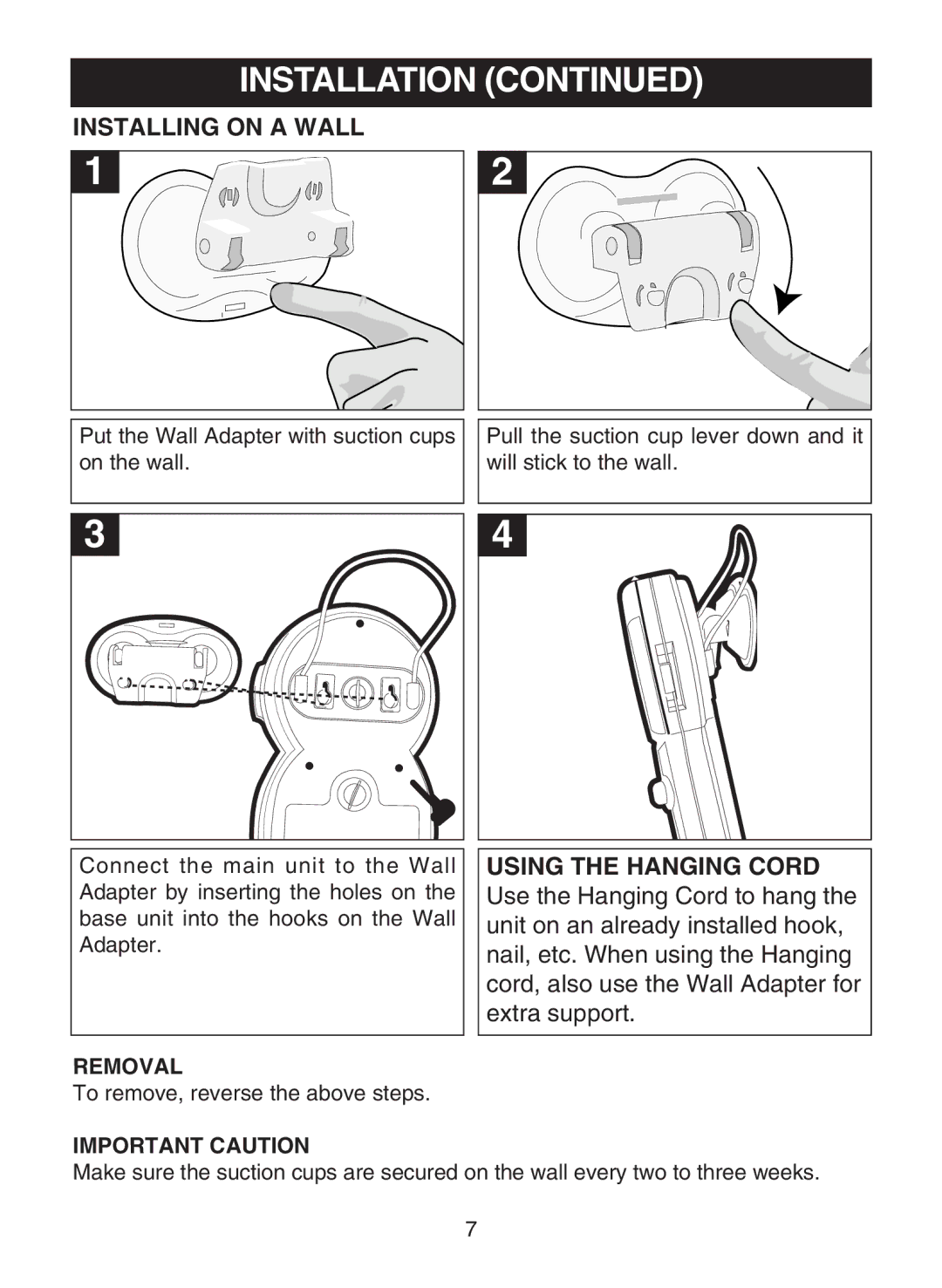 Memorex MC1009 manual Installing on a Wall, Using the Hanging Cord 