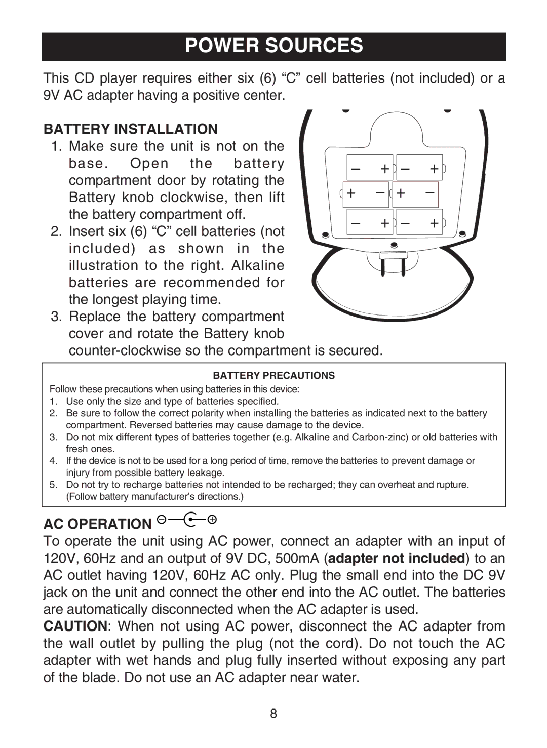 Memorex MC1009 manual Power Sources, Battery Installation, AC Operation + 