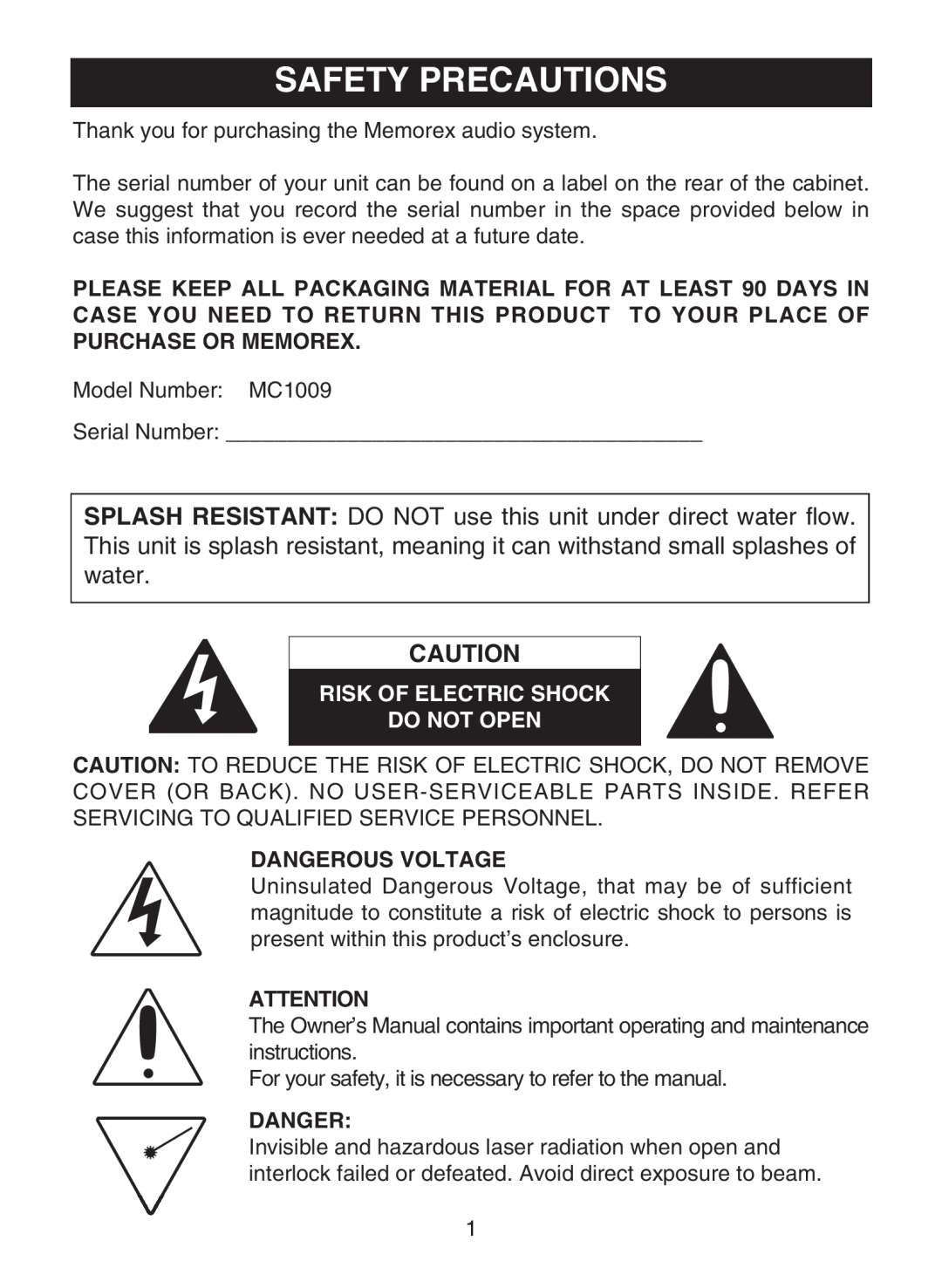 Memorex MC1009 manual Safety Precautions, Risk Of Electric Shock Do Not Open, Dangerous Voltage 