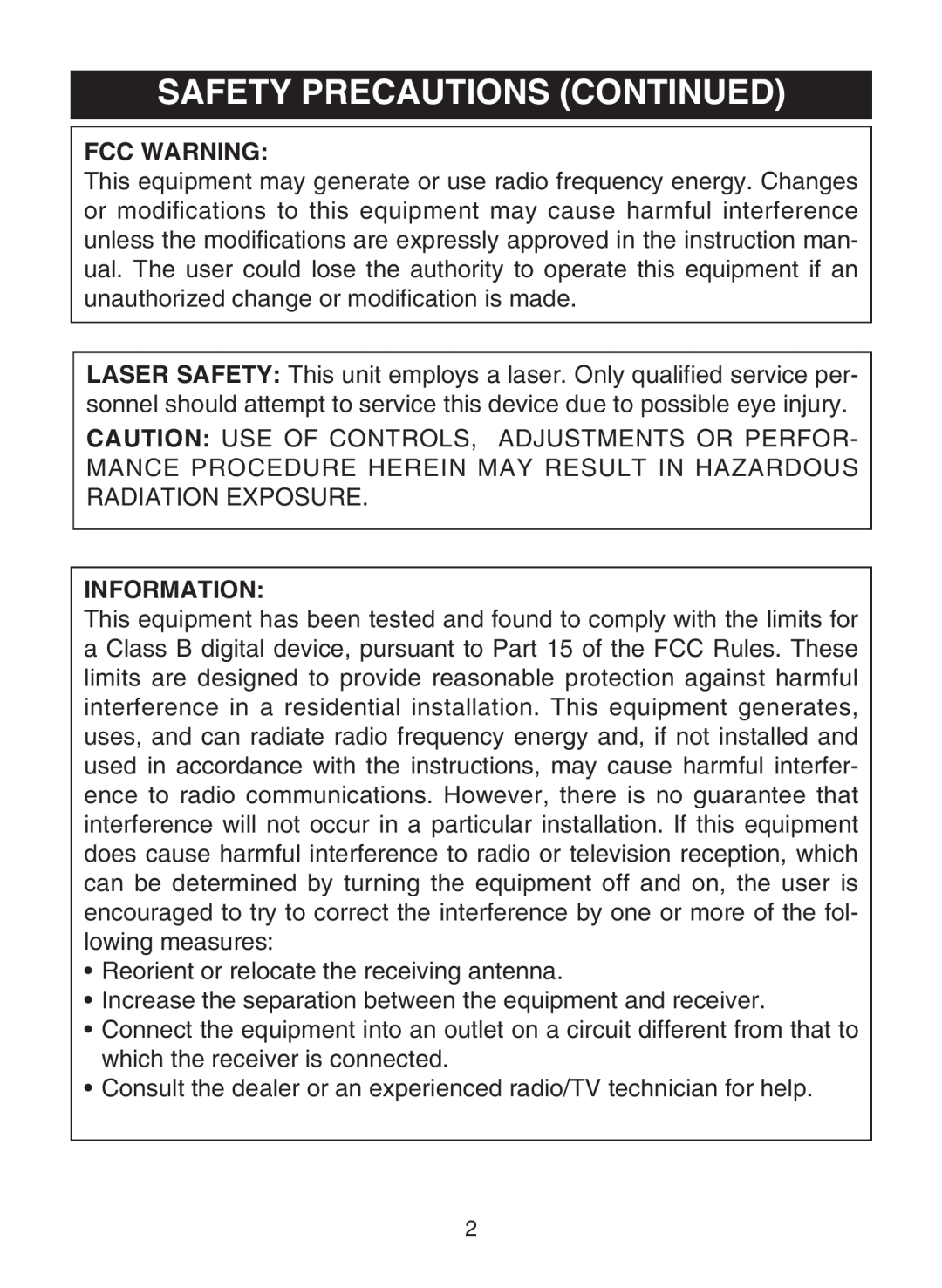 Memorex MC1009 manual Safety Precautions Continued, Fcc Warning, Information 