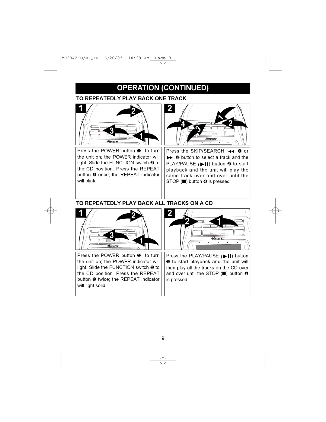 Memorex MC2842 manual To Repeatedly Play Back ONE Track, To Repeatedly Play Back ALL Tracks on a CD 