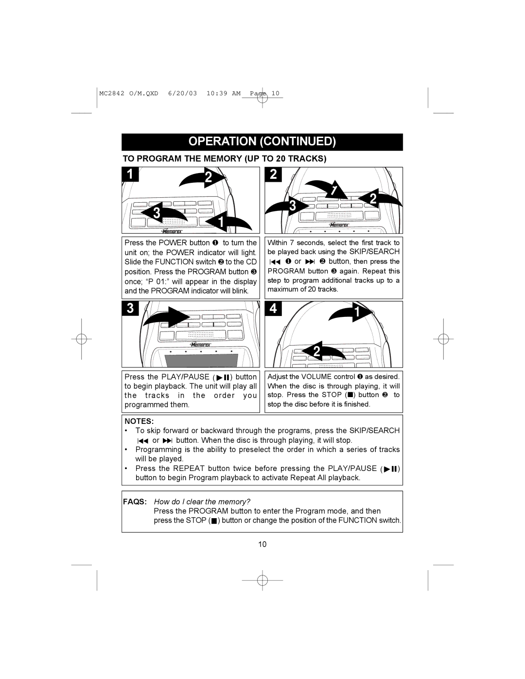 Memorex MC2842 manual To Program the Memory UP to 20 Tracks, Faqs How do I clear the memory? 