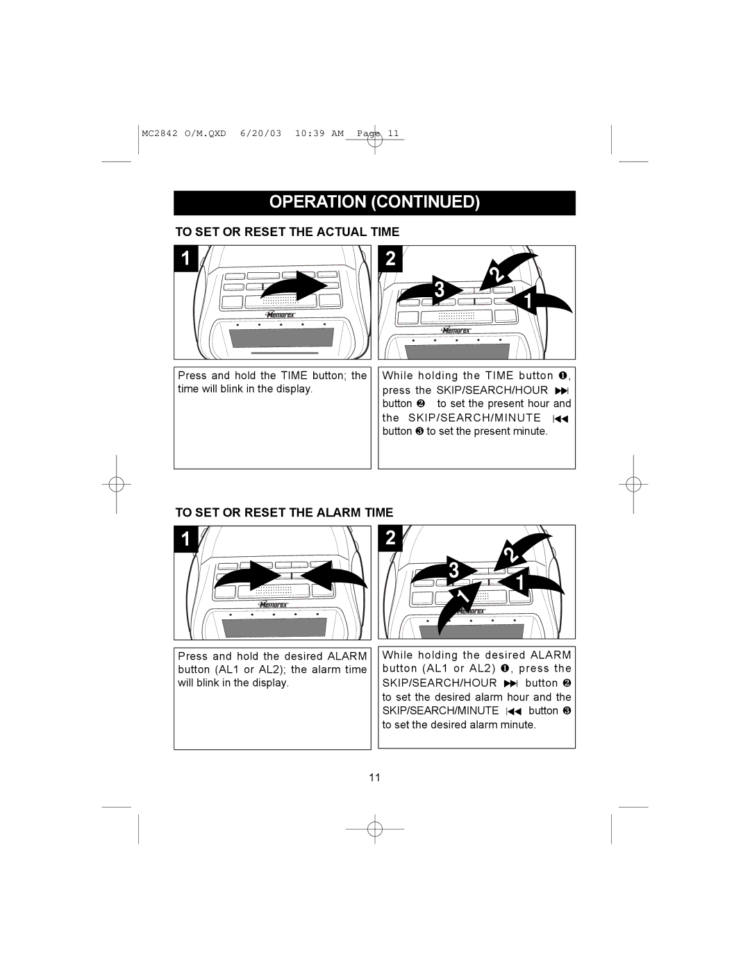 Memorex MC2842 manual To SET or Reset the Actual Time, To SET or Reset the Alarm Time 