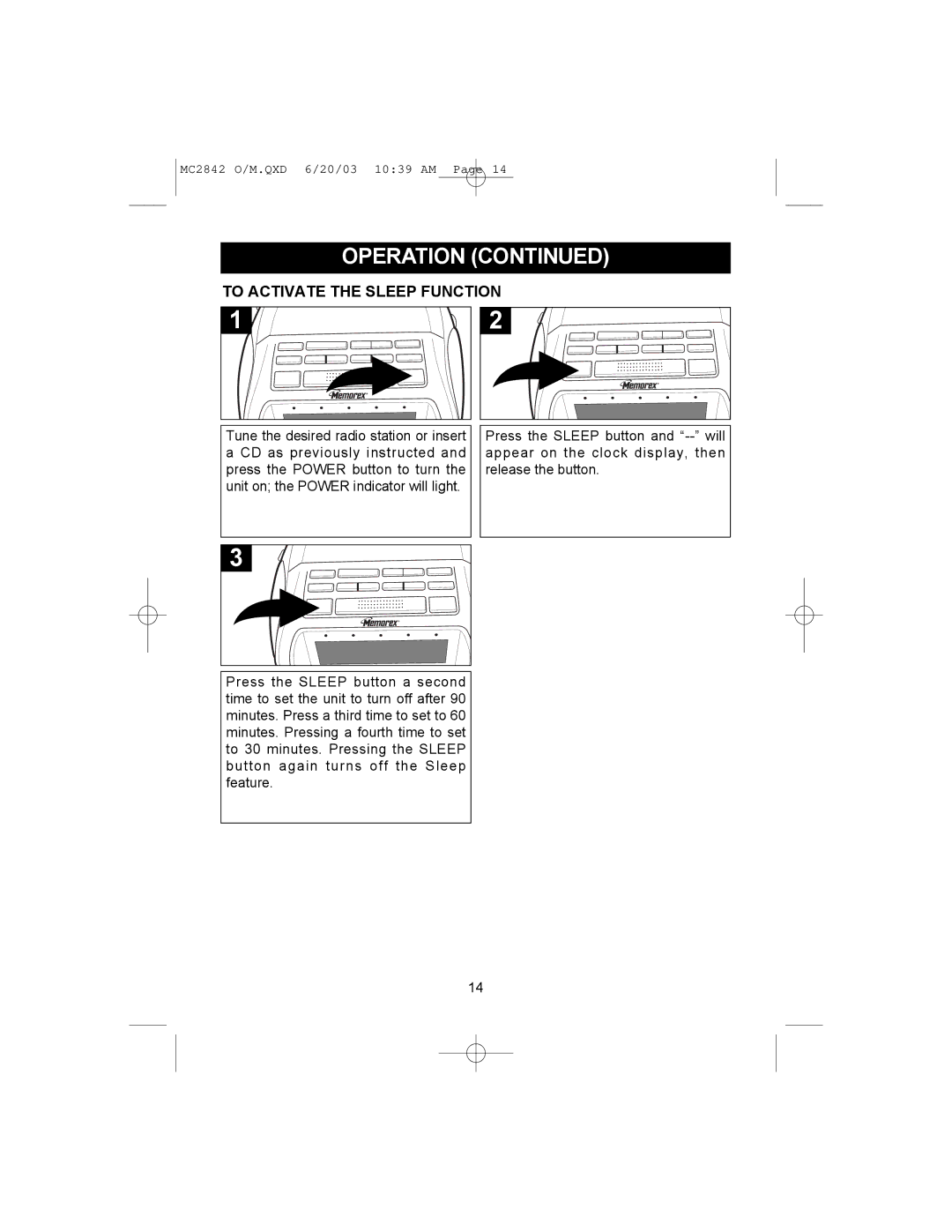 Memorex MC2842 manual To Activate the Sleep Function 