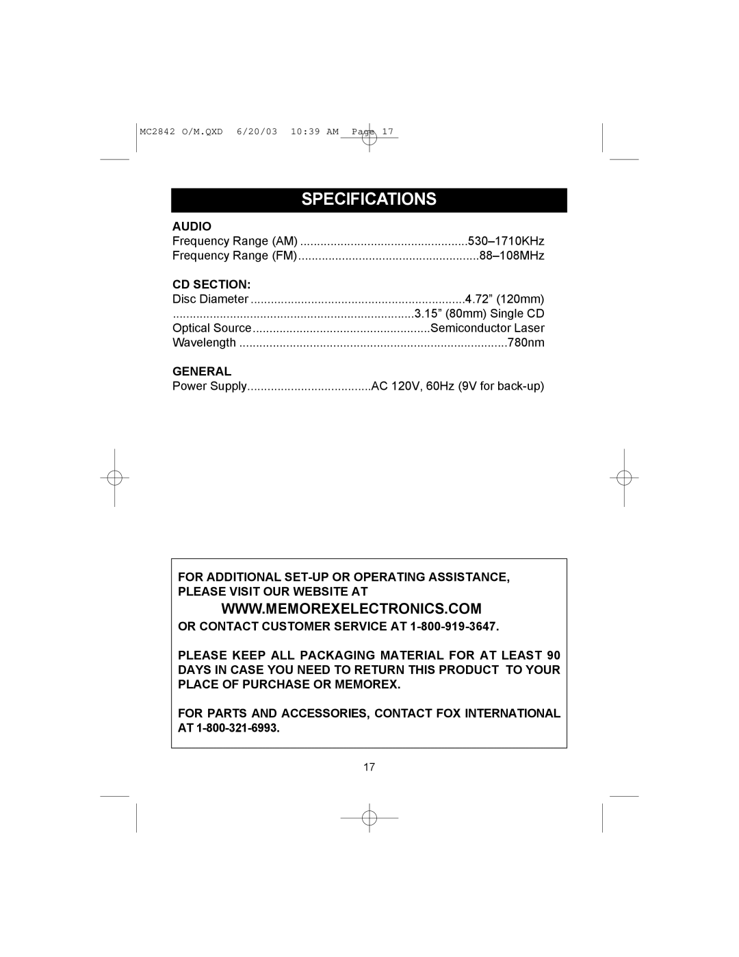 Memorex MC2842 manual Specifications, Audio, CD Section, General 