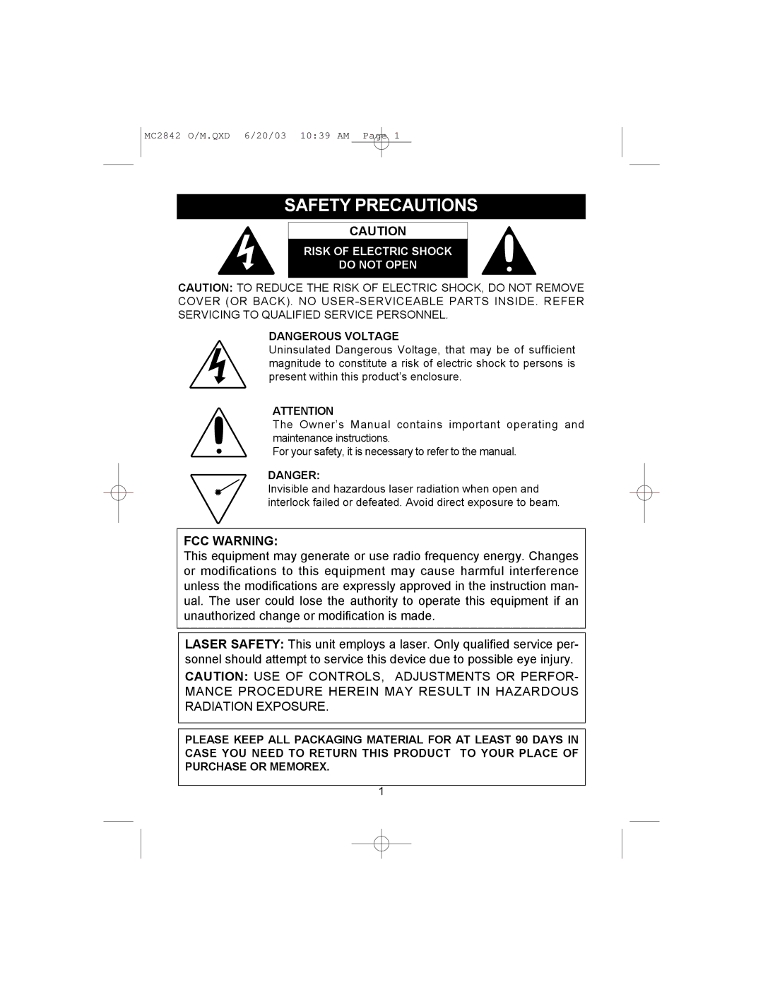 Memorex MC2842 manual Safety Precautions, FCC Warning 