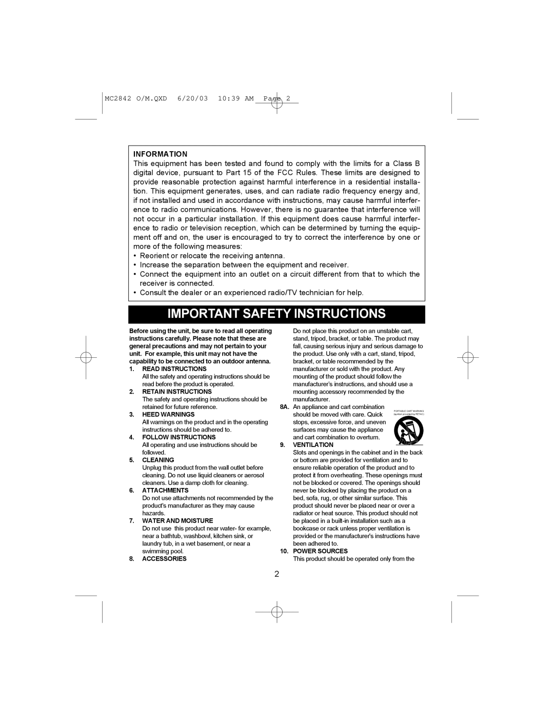 Memorex MC2842 manual Important Safety Instructions, Information 