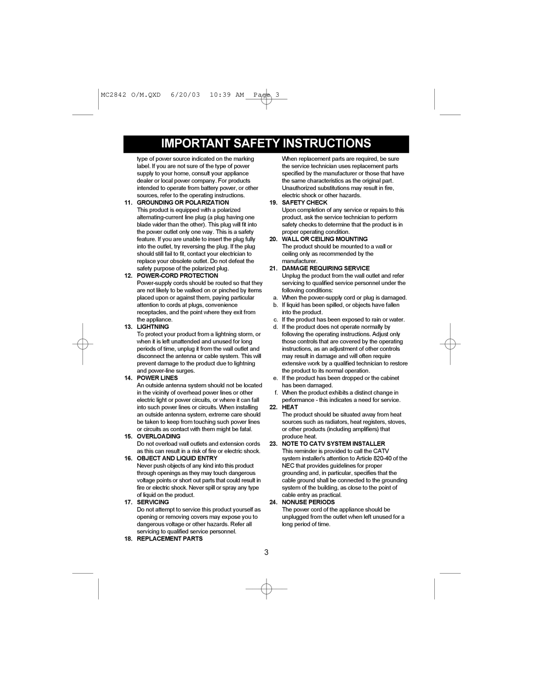 Memorex MC2842 manual Wall or Ceiling Mounting 