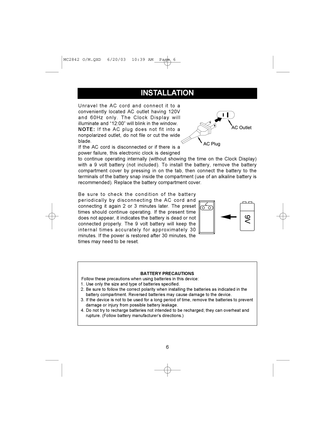 Memorex MC2842 manual Installation, Battery Precautions 