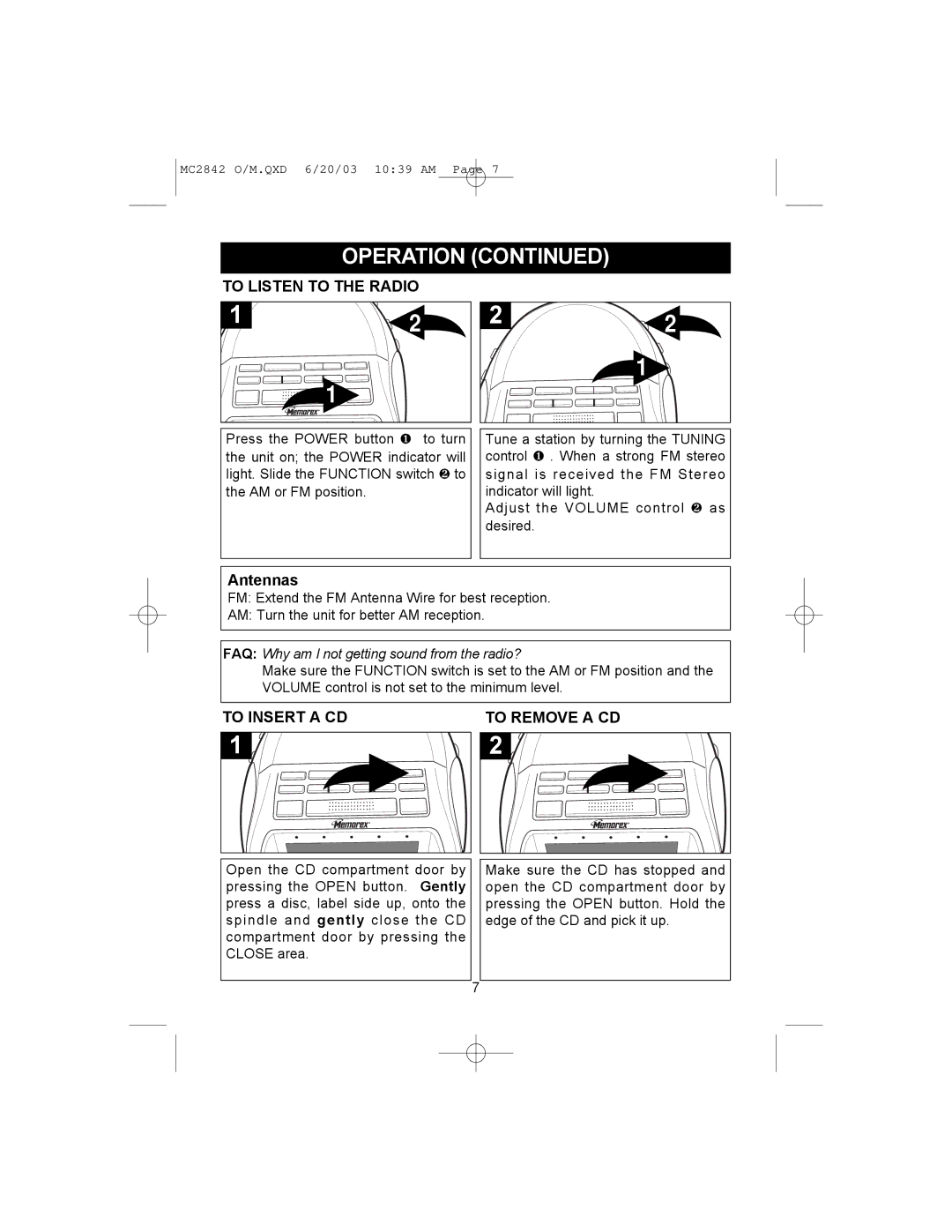 Memorex MC2842 manual Operation, To Listen to the Radio, To Insert a CD To Remove a CD 