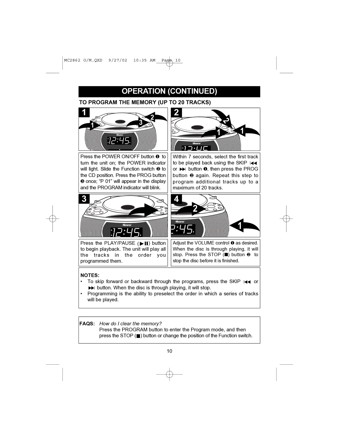 Memorex MC2862 operating instructions To Program the Memory UP to 20 Tracks, Faqs How do I clear the memory? 