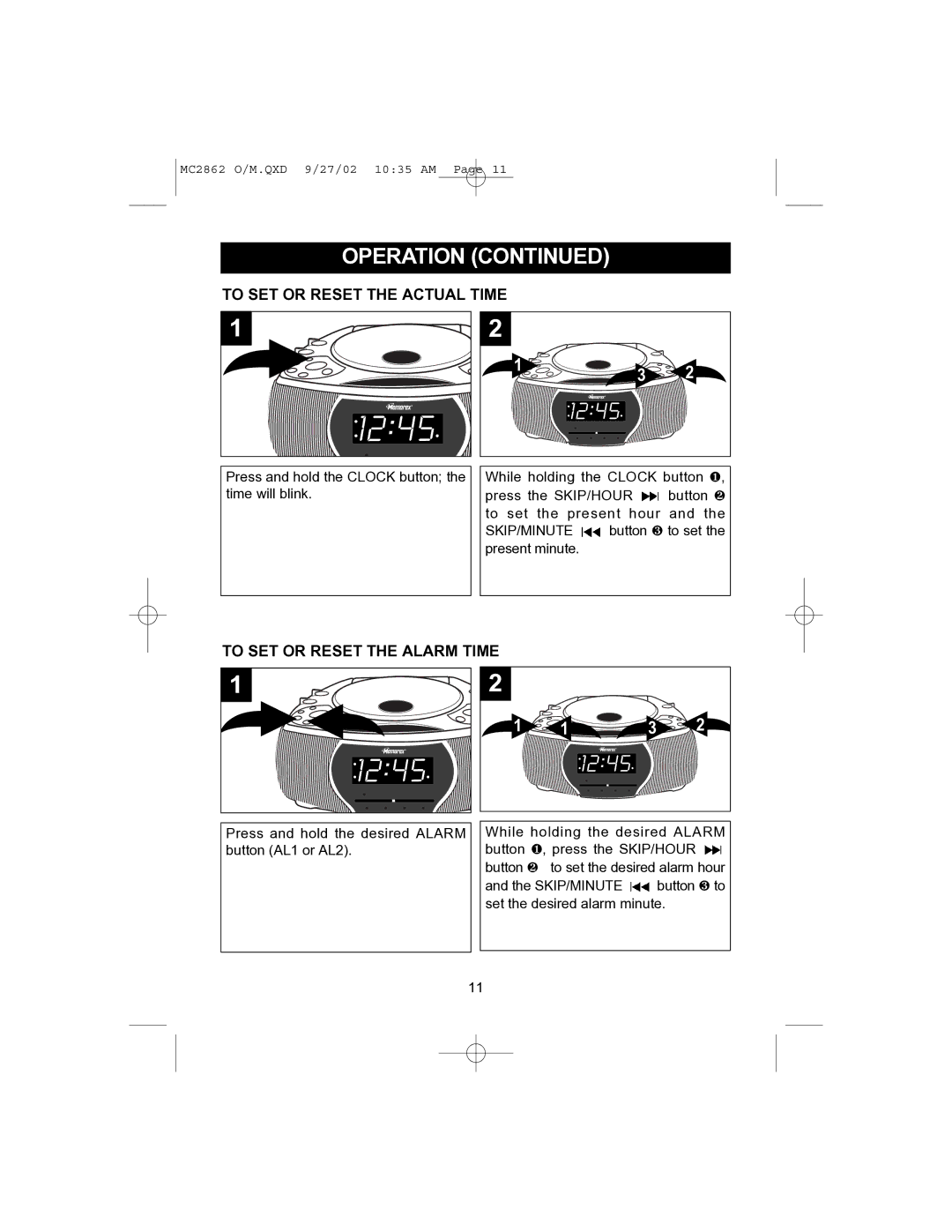 Memorex MC2862 operating instructions To SET or Reset the Actual Time, To SET or Reset the Alarm Time 