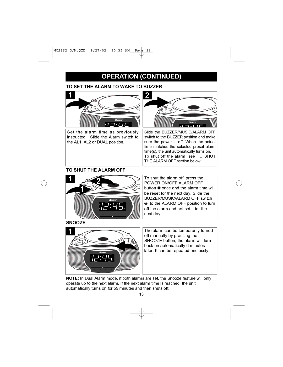 Memorex MC2862 operating instructions To SET the Alarm to Wake to Buzzer, To Shut the Alarm OFF 