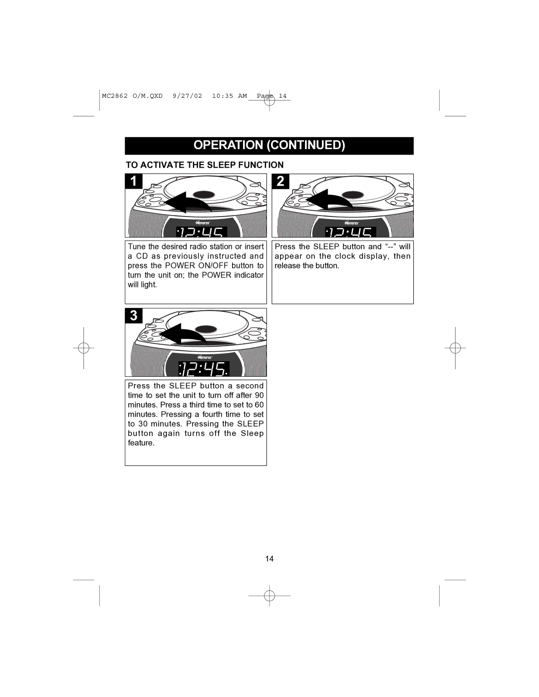 Memorex MC2862 operating instructions To Activate the Sleep Function 