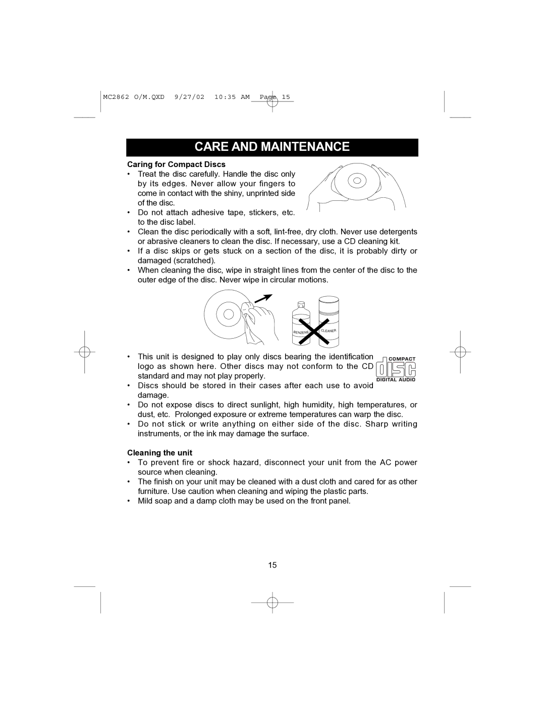 Memorex MC2862 operating instructions Care and Maintenance, Caring for Compact Discs 