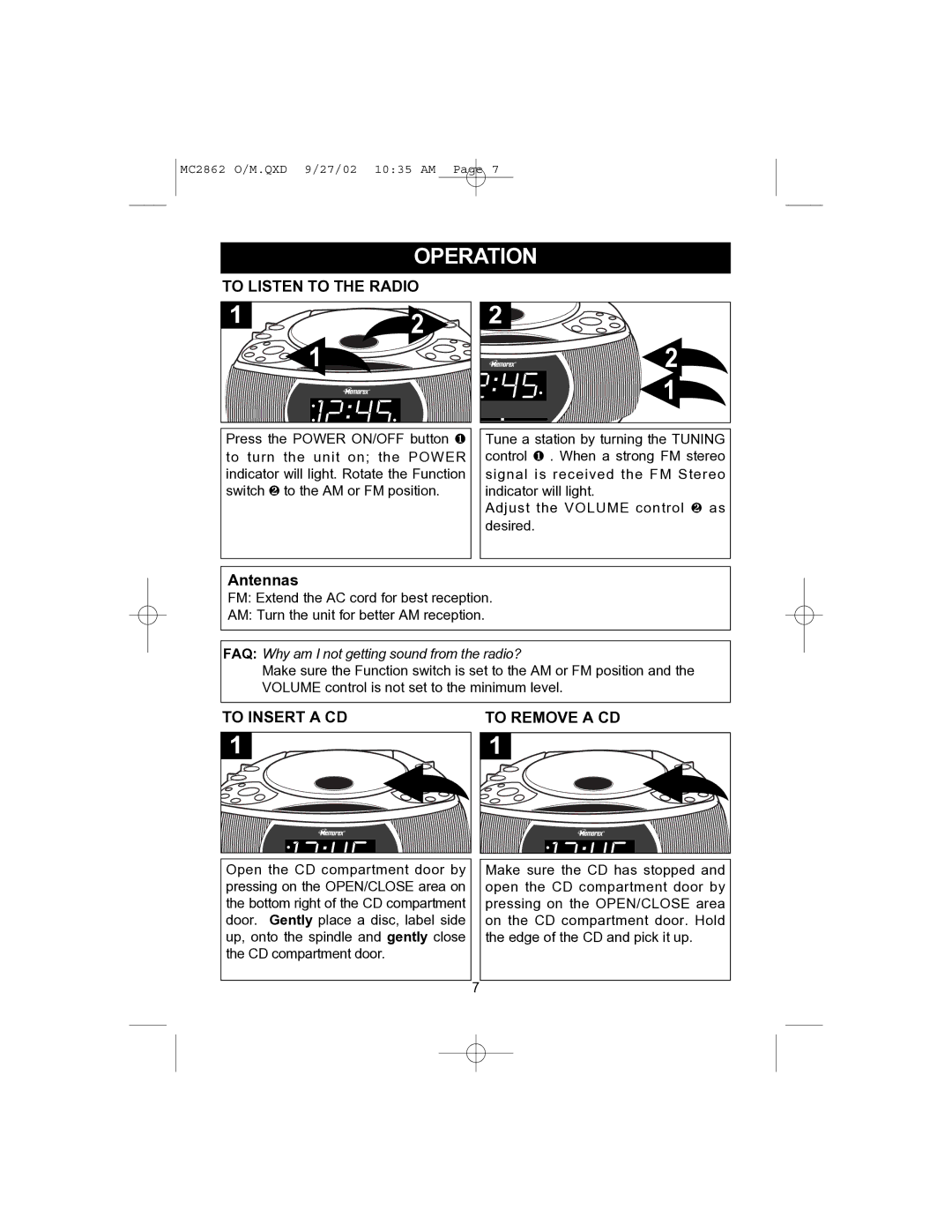 Memorex MC2862 operating instructions Operation, To Listen to the Radio, To Insert a CD To Remove a CD 