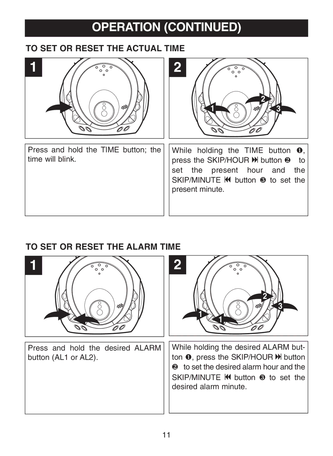 Memorex MC2863 manual To SET or Reset the Actual Time, To SET or Reset the Alarm Time 