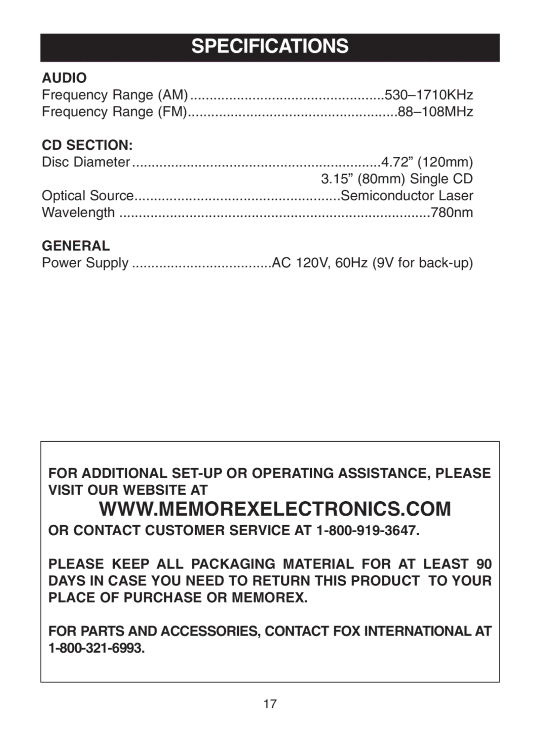 Memorex MC2863 manual Specifications, Audio, CD Section, General 