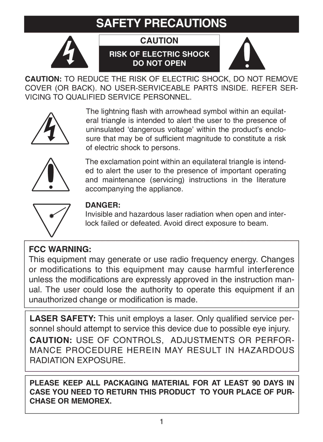 Memorex MC2863 manual Safety Precautions, FCC Warning 