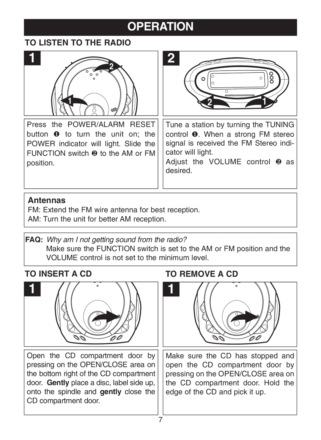 Memorex MC2863 manual Operation, To Listen to the Radio, To Insert a CD To Remove a CD 