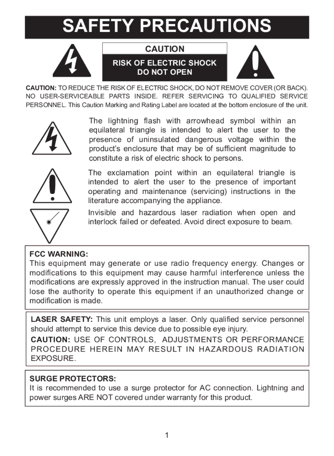 Memorex MC2864 manual FCC Warning, Surge Protectors 