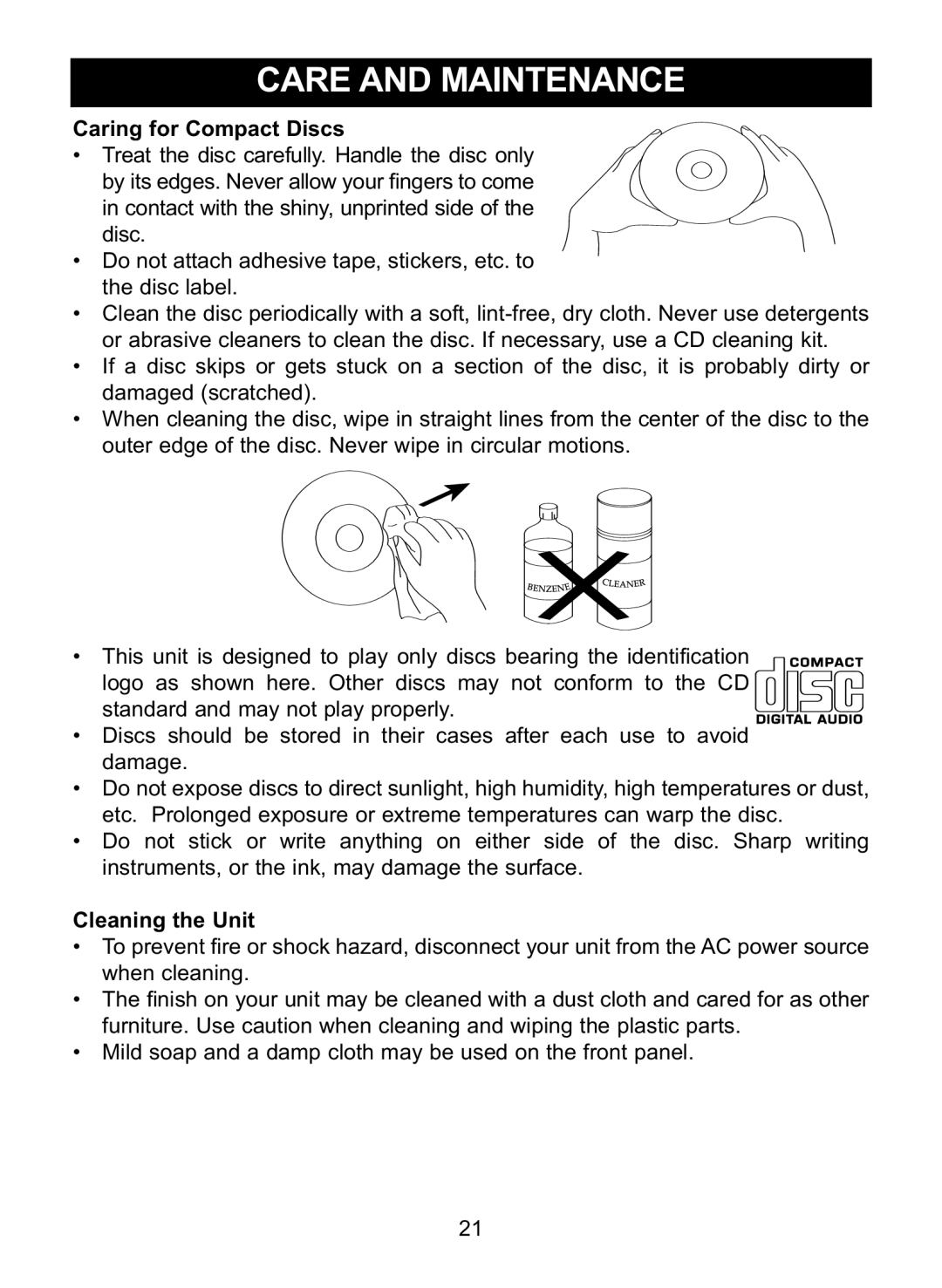 Memorex MC2864 manual Care and Maintenance, Caring for Compact Discs 