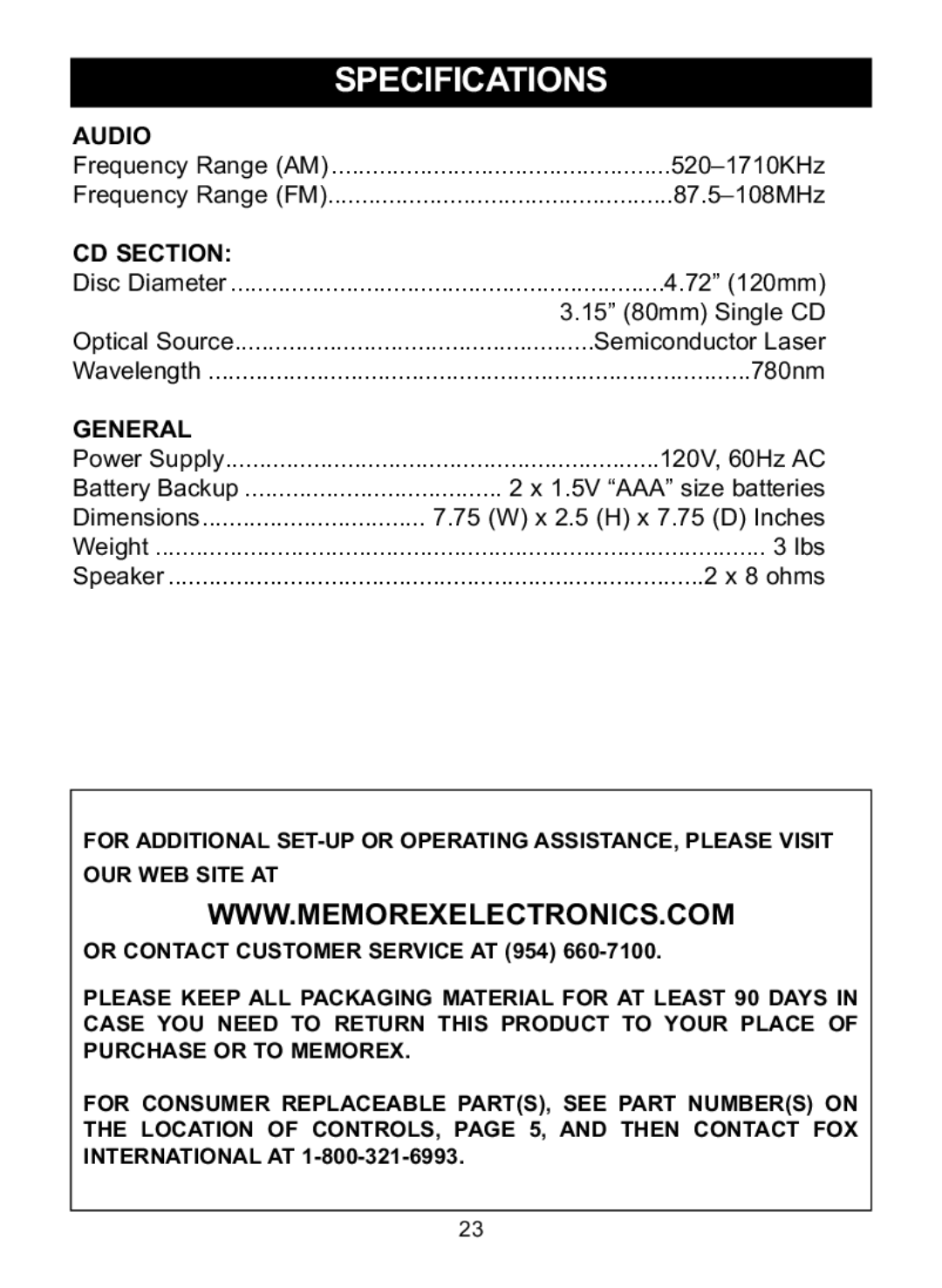 Memorex MC2864 manual Specifications, Audio 