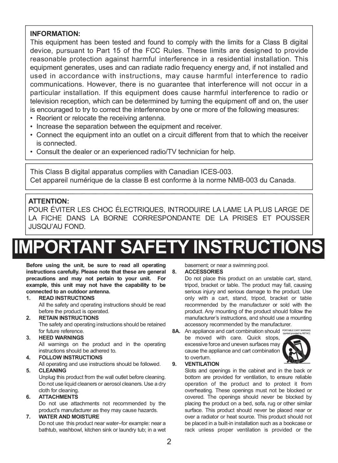 Memorex MC2864 manual IMPORTANTJUSQU’AU FOND. Safety Instructions 