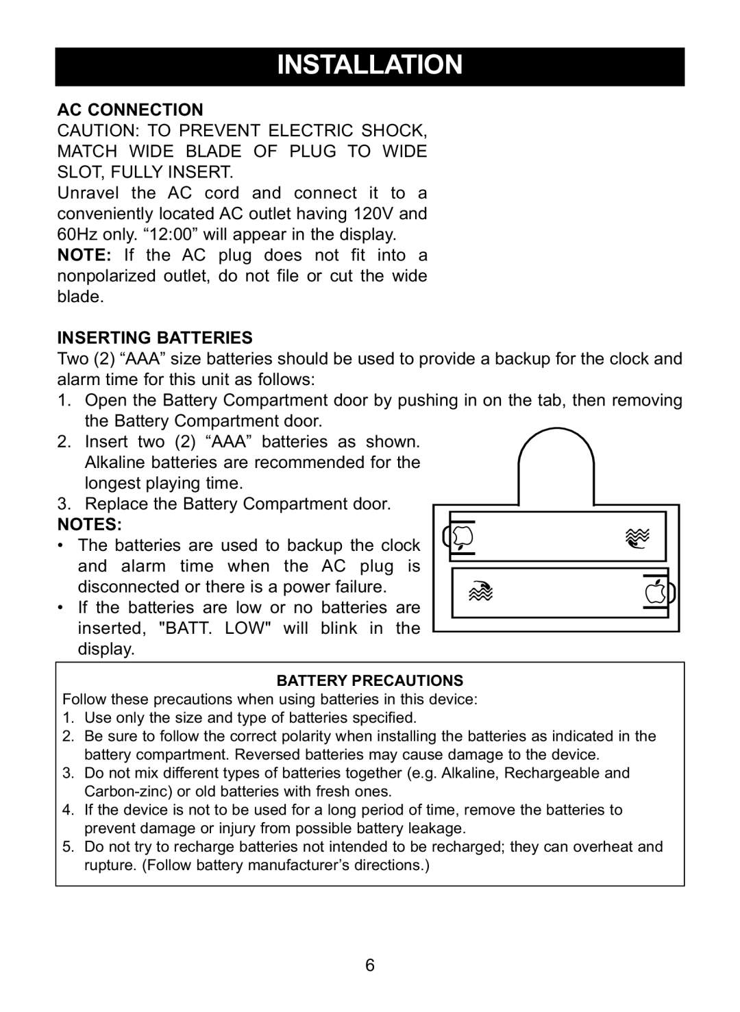 Memorex MC2864 manual Installation, AC Connection, Inserting Batteries 