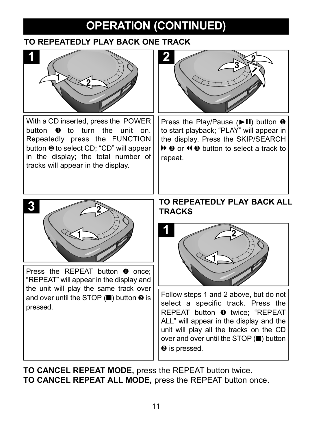 Memorex MC2864 manual To Repeatedly Play Back One Track, To Repeatedly Play Back All, Tracks, Operation Continued 